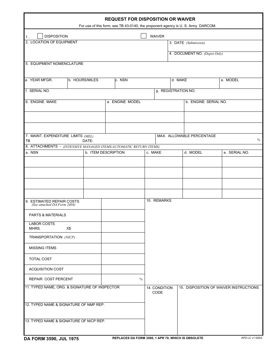 DA Form 3590 Request for Disposition or Waiver, Page 1