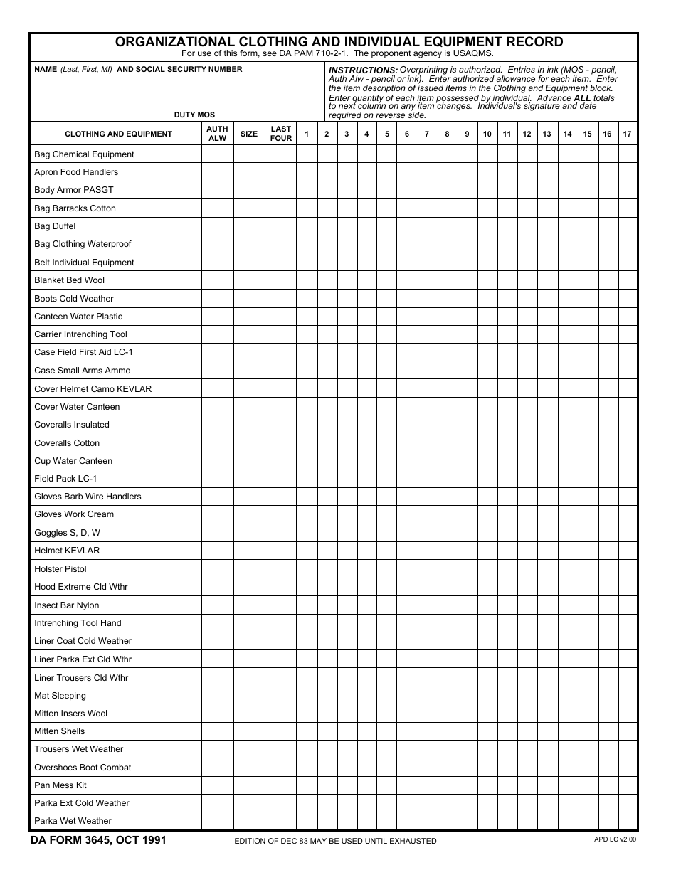 DA Form 3645 Organizational Clothing and Individual Equipment Record, Page 1