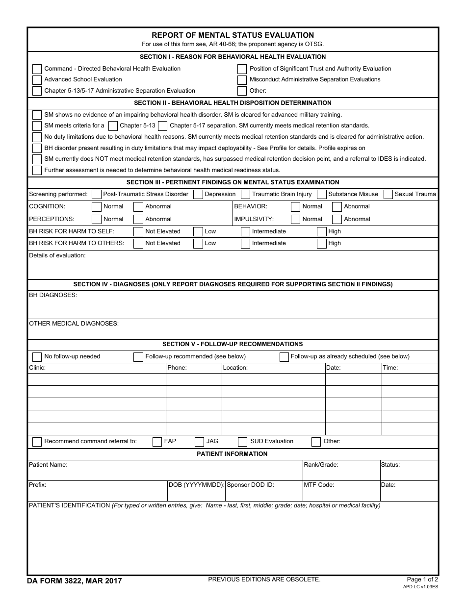 DA Form 3822 Report of Mental Status Evaluation, Page 1