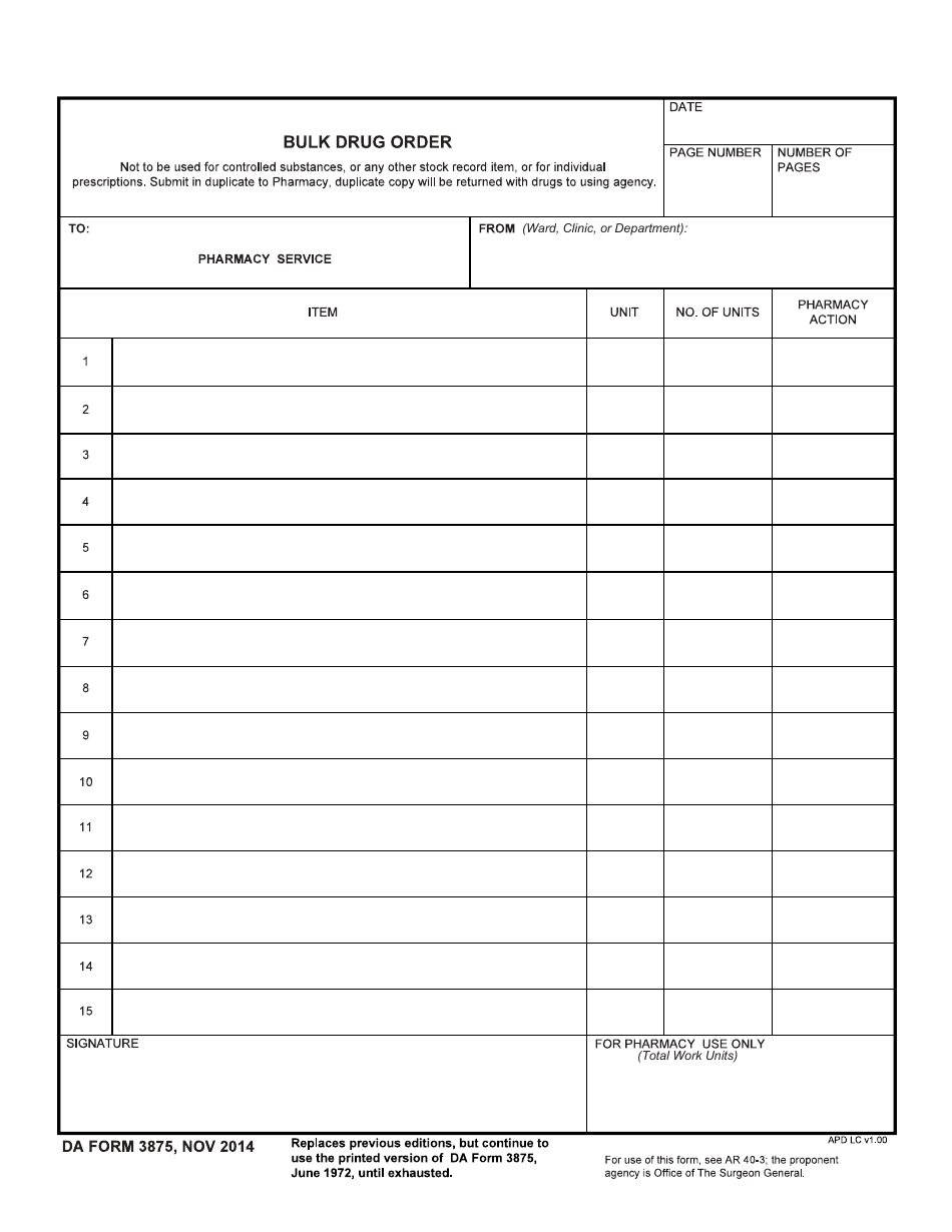 DA Form 3875 Bulk Drug Order, Page 1