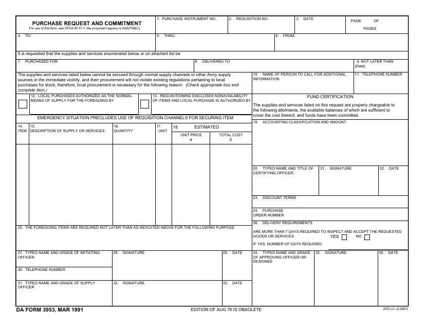 DA Form 3953 Purchase Request and Commitment
