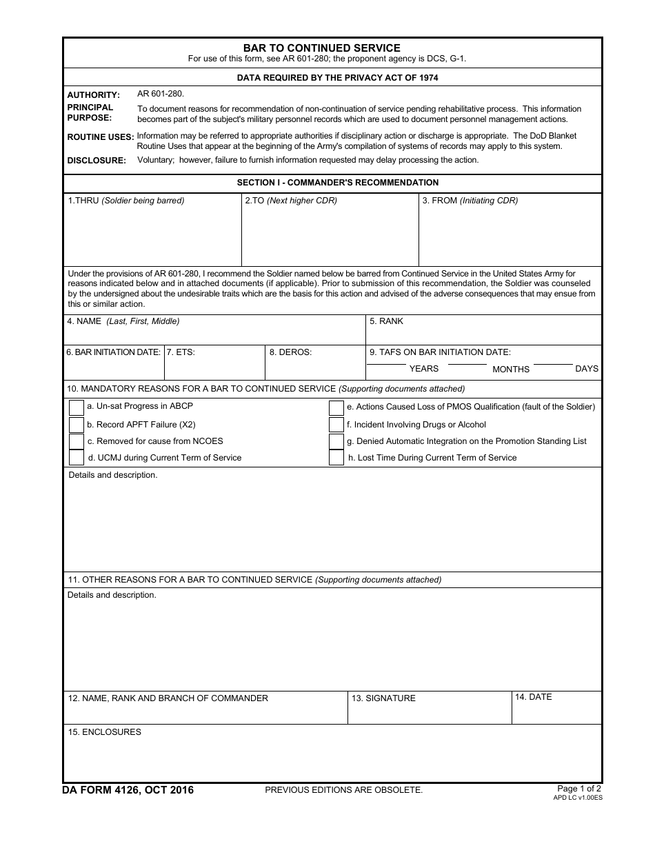 DA Form 4126 Bar to Continued Service, Page 1