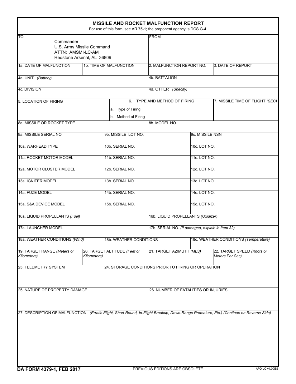 DA Form 4379-1 Missile and Rocket Malfunction Report, Page 1