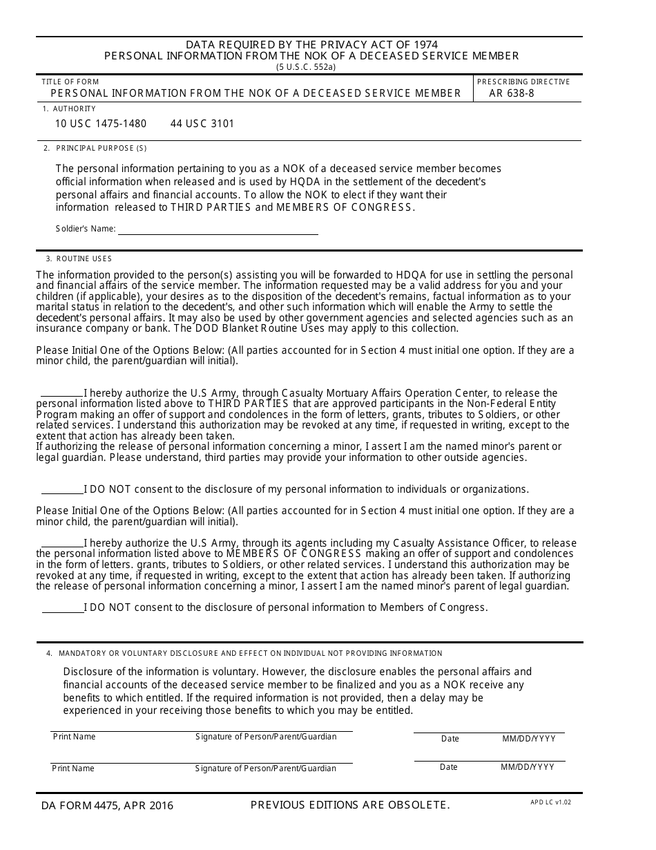 DA Form 4475 Data Required by the Privacy Act of 1974 Personal Information From the NOK of a Deceased Service Member, Page 1