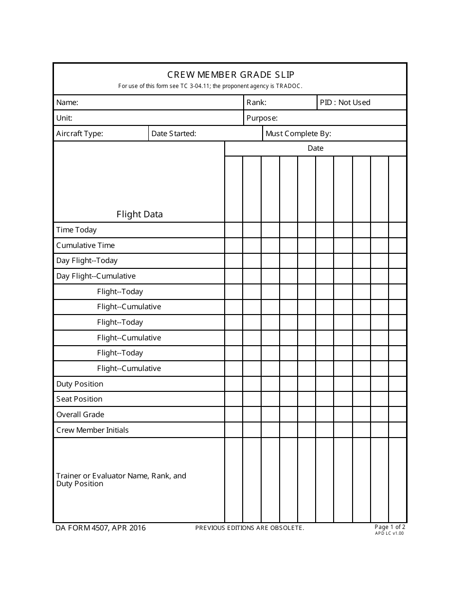 DA Form 4507 Crew Member Grade Slip, Page 1