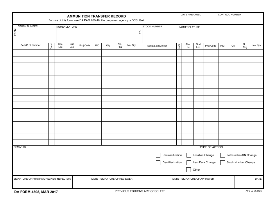 DA Form 4508 Ammunition Transfer Record, Page 1