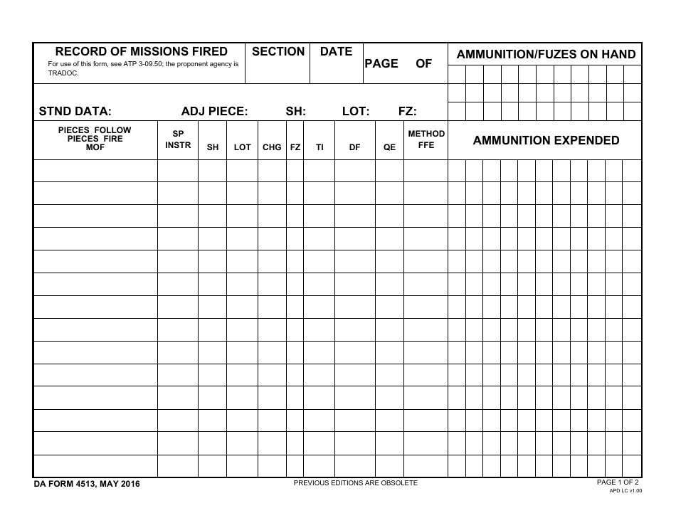 DA Form 4513 Record of Missions Fired, Page 1