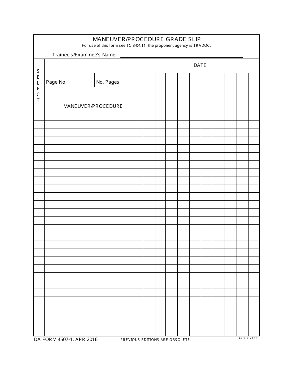 DA Form 4507-1 Maneuver / Procedure Grade Slip, Page 1