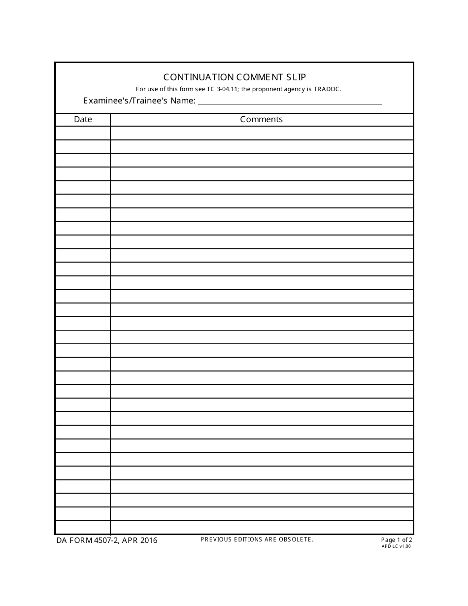 DA Form 4507-2 Continuation Comment Slip, Page 1