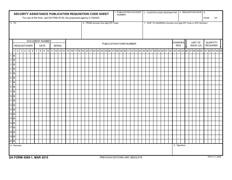 DA Form 4569-1 Security Assistance DA Publication Requisition Code Sheet, Page 1