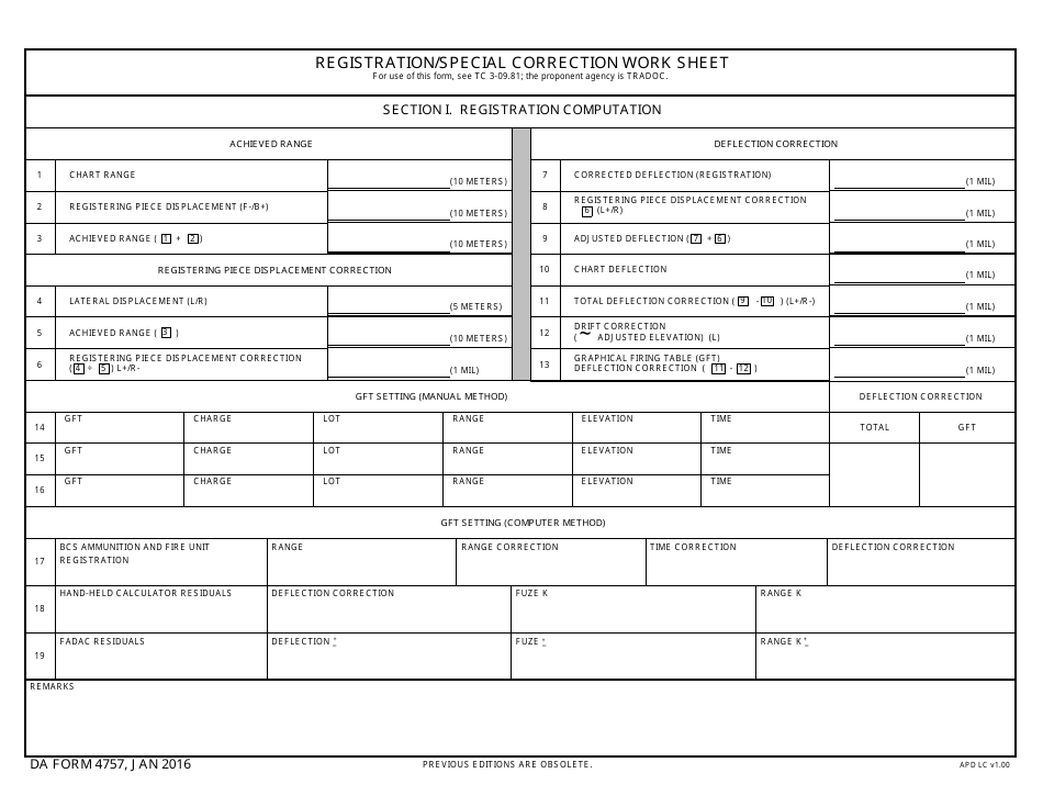 DA Form 4757 Registration / Special Correction Work Sheet, Page 1
