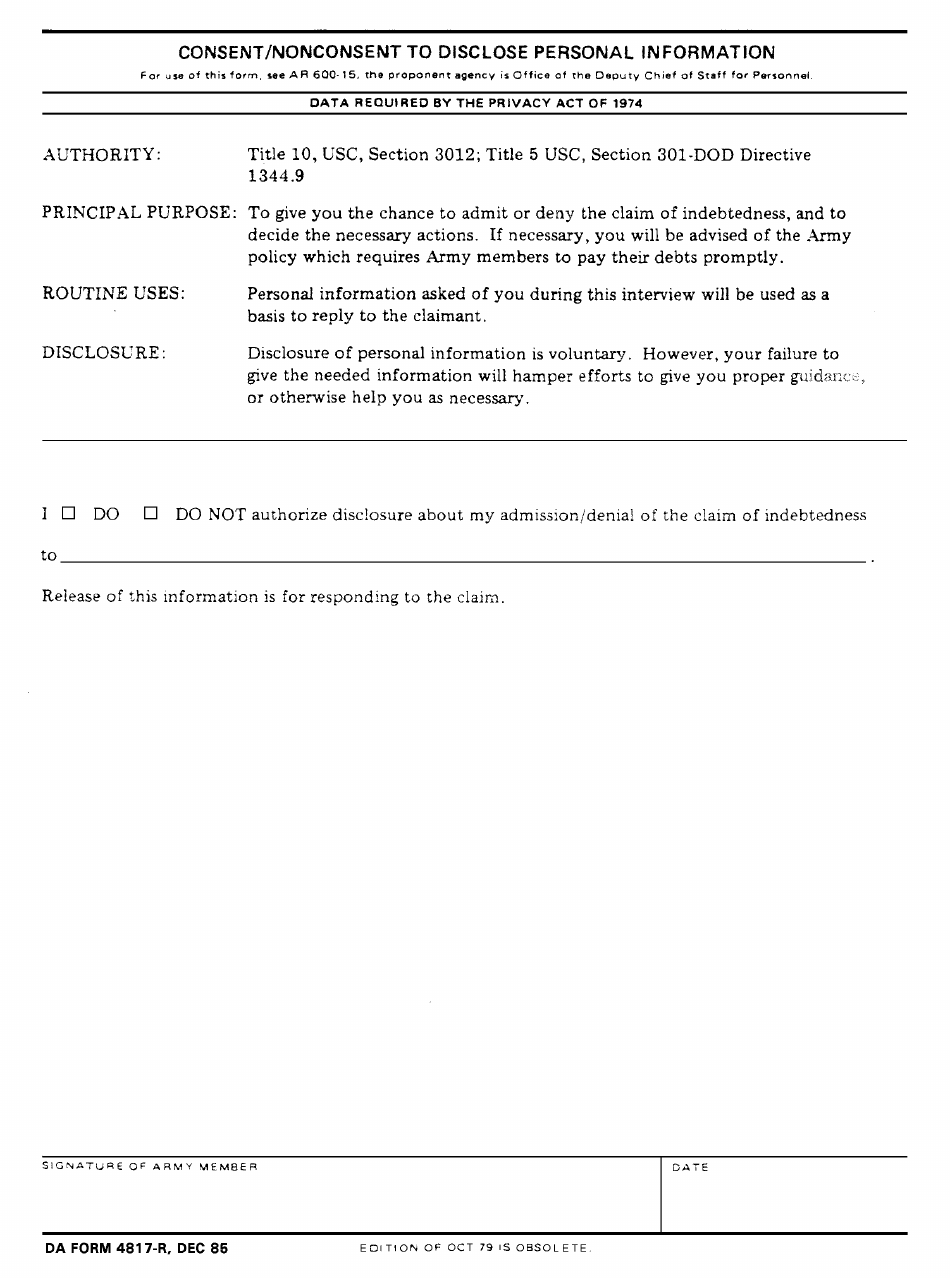 DA Form 4817-R Consent / Nonconsent to Disclose Personal Information, Page 1