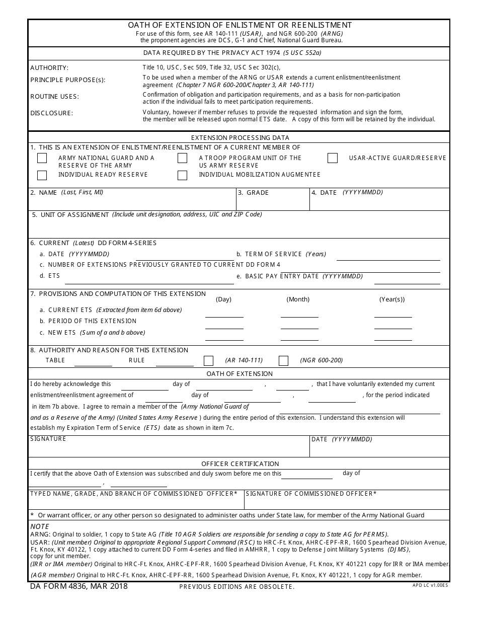 DA Form 4836 Oath of Extension of Enlistment or Reenlistment, Page 1