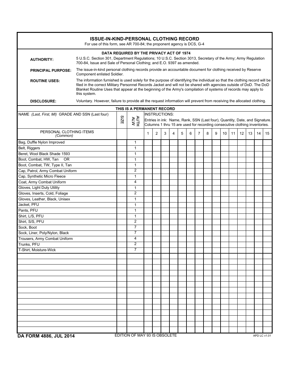 DA Form 4886 Issue-In-kind - Personal Clothing Record, Page 1