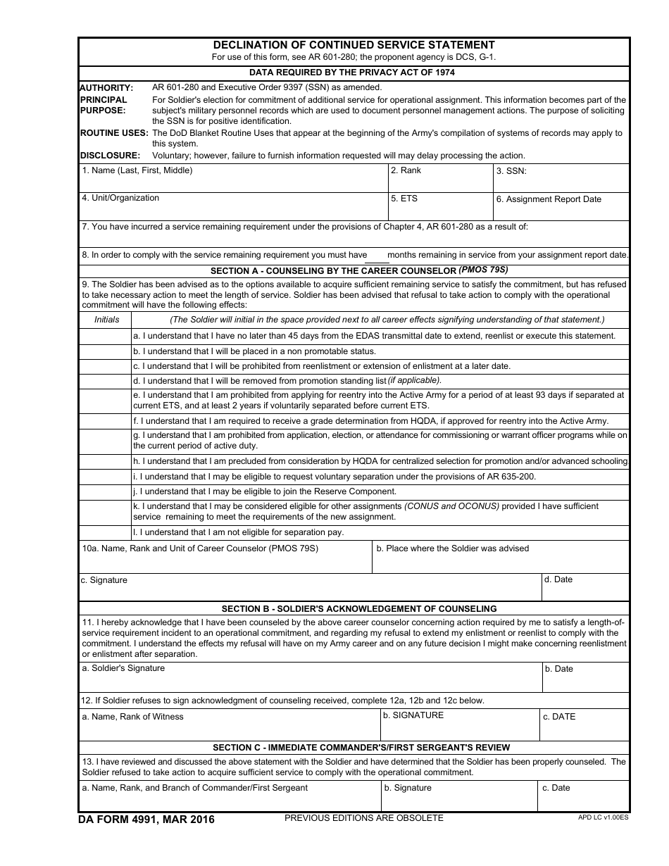 DA Form 4991 Download Fillable PDF or Fill Online Declination of