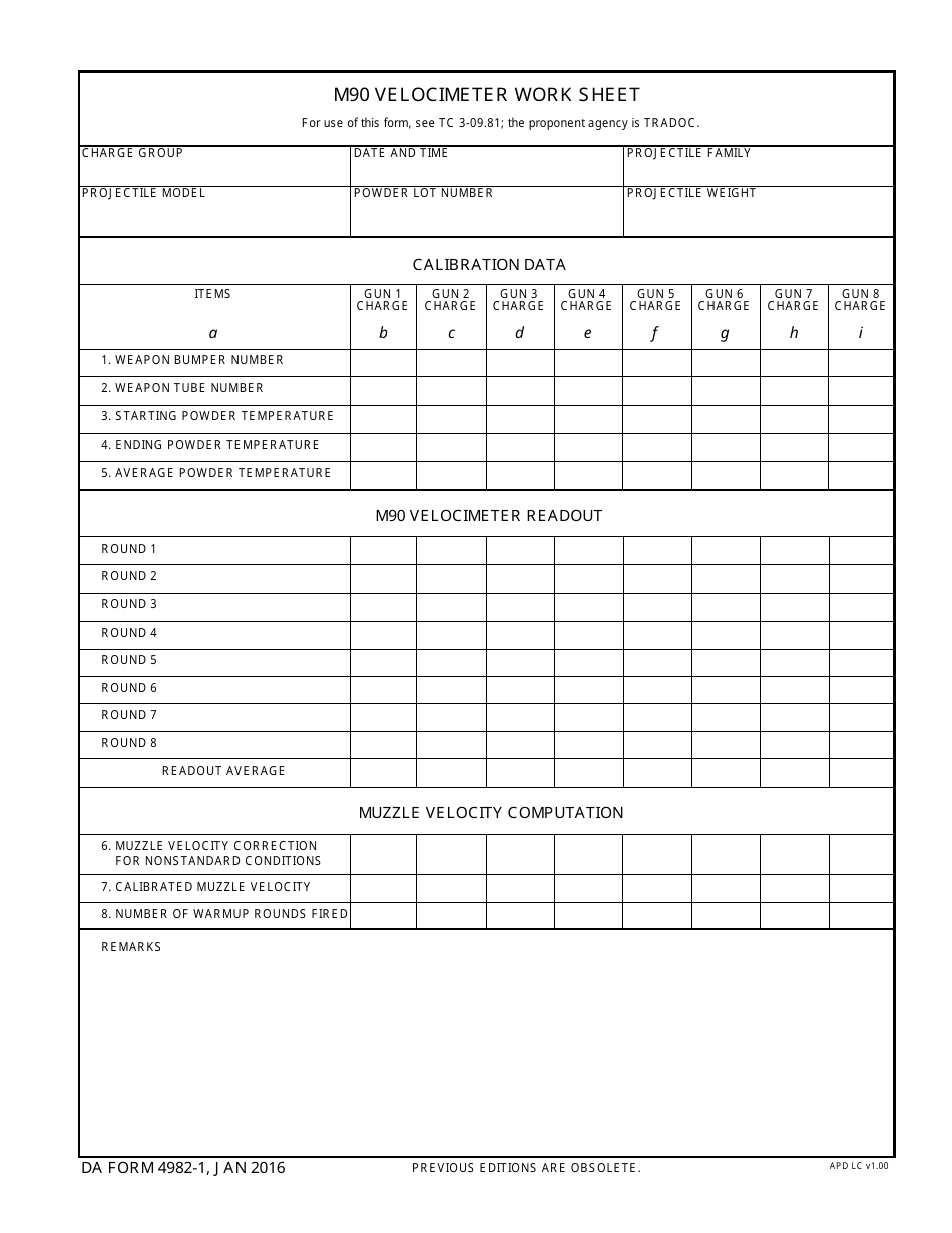 DA Form 4982-1 M90 Velocimeter Work Sheet, Page 1