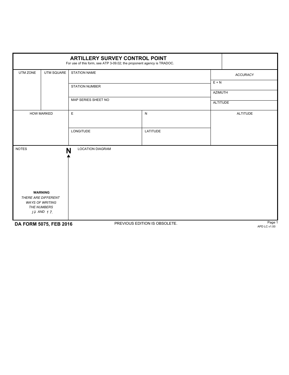 DA Form 5075 Download Fillable PDF or Fill Online Artillery Survey Control  Point | Templateroller