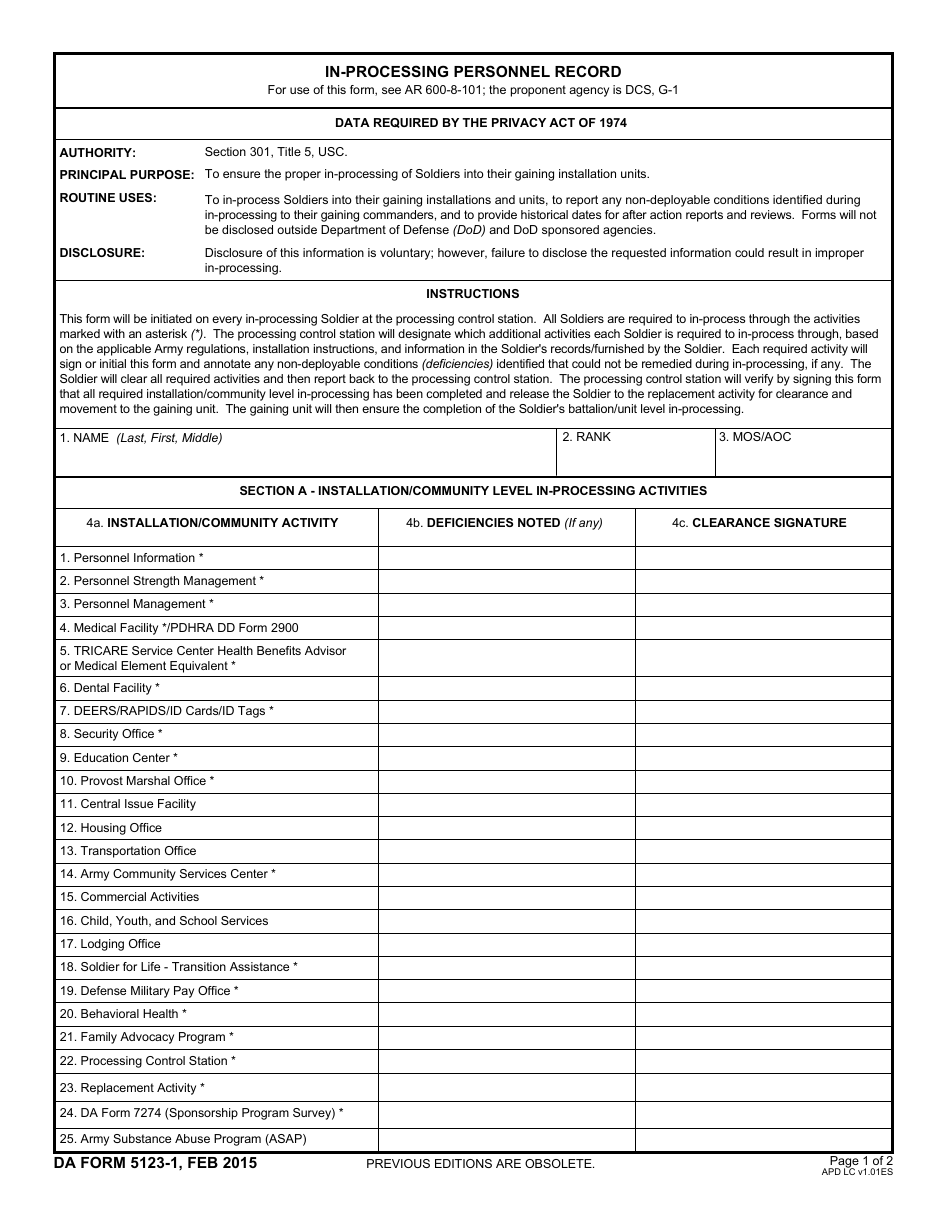 DA Form 5123-1 In-processing Personnel Record, Page 1