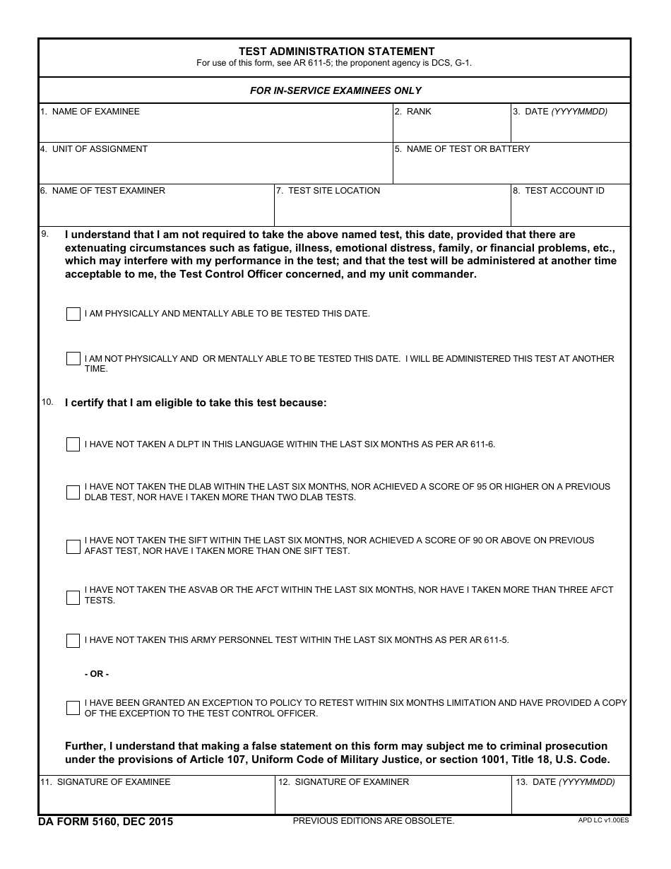 DA Form 5160 Test Administration Statement, Page 1