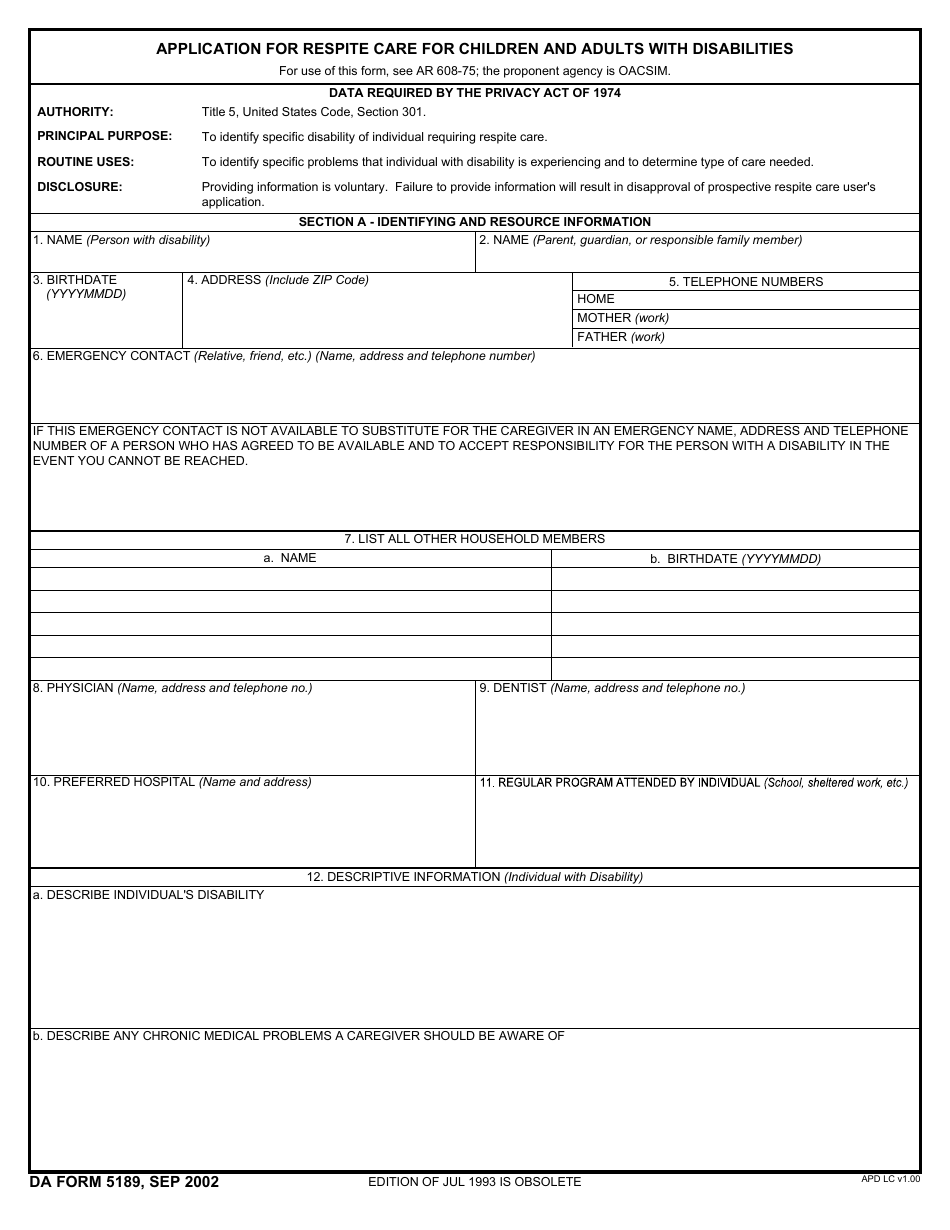 DA Form 5189 Application for Respite Care for Children and Adults With Disabilities, Page 1