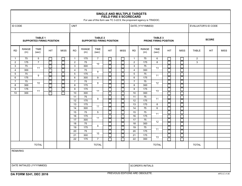DA Form 5241 Single and Multiple Targets Field Fire II Scorecard