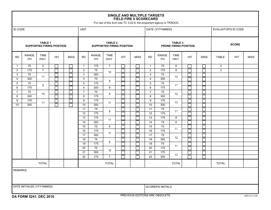 DA Form 5241 Single and Multiple Targets Field Fire II Scorecard, Page 1