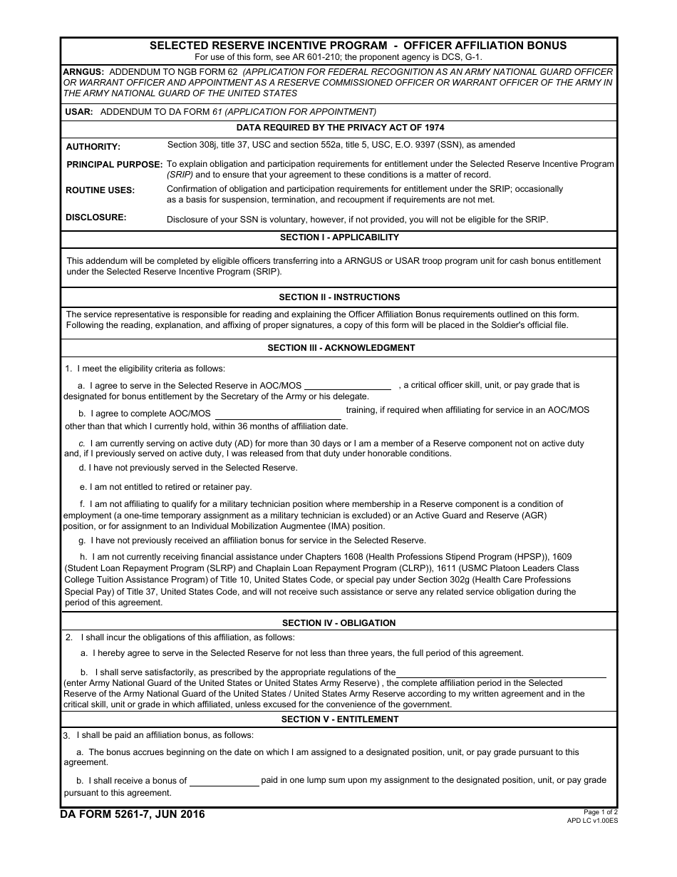 DA Form 5261-7 Selected Reserve Incentive Program - Officer Affliation Bonus, Page 1