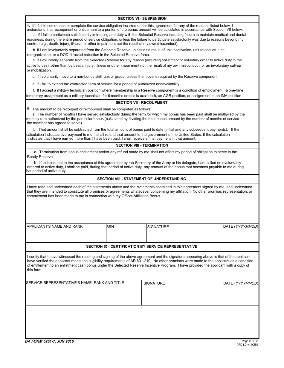 DA Form 5261-7 Selected Reserve Incentive Program - Officer Affliation Bonus, Page 2