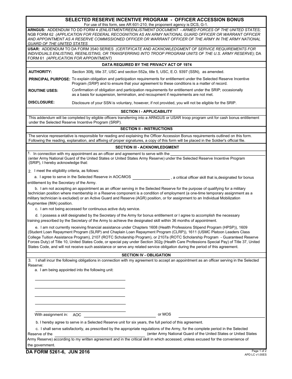 DA Form 5261-6 - Fill Out, Sign Online and Download Fillable PDF ...