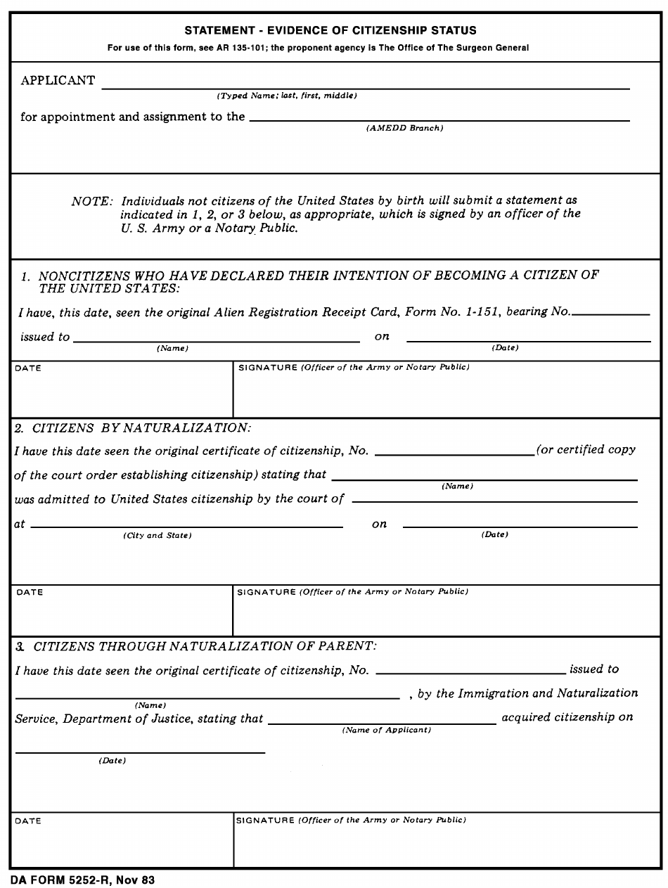 DA Form 5252-R Statement - Evidence of Citizenship Status, Page 1