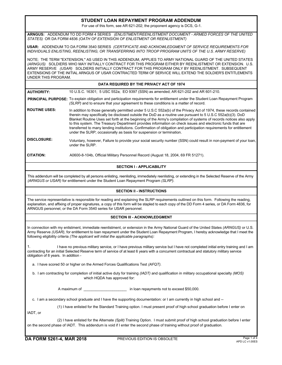 DA Form 5261-4 Student Loan Repayment Program Addendum, Page 1