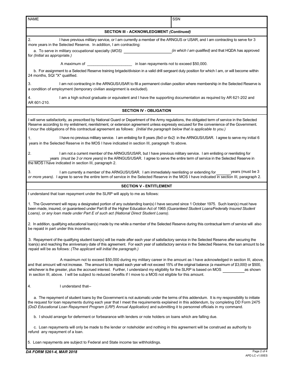 DA Form 5261-4 - Fill Out, Sign Online and Download Fillable PDF ...