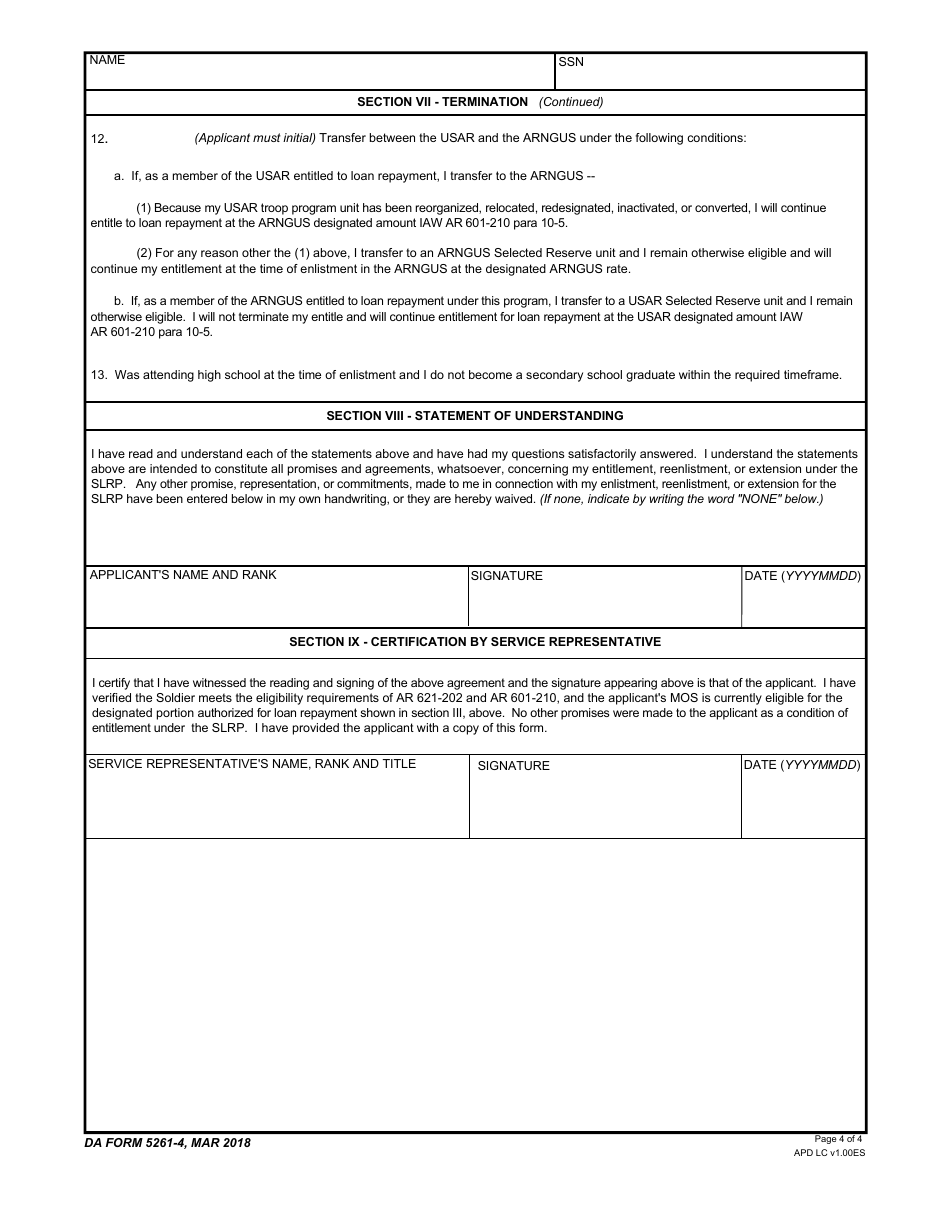 DA Form 5261-4 Student Loan Repayment Program Addendum, Page 4