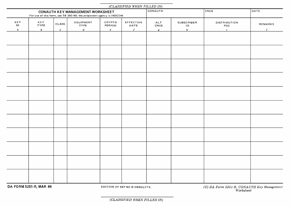 DA Form 5251-R Conauth Key Management Worksheet, Page 1