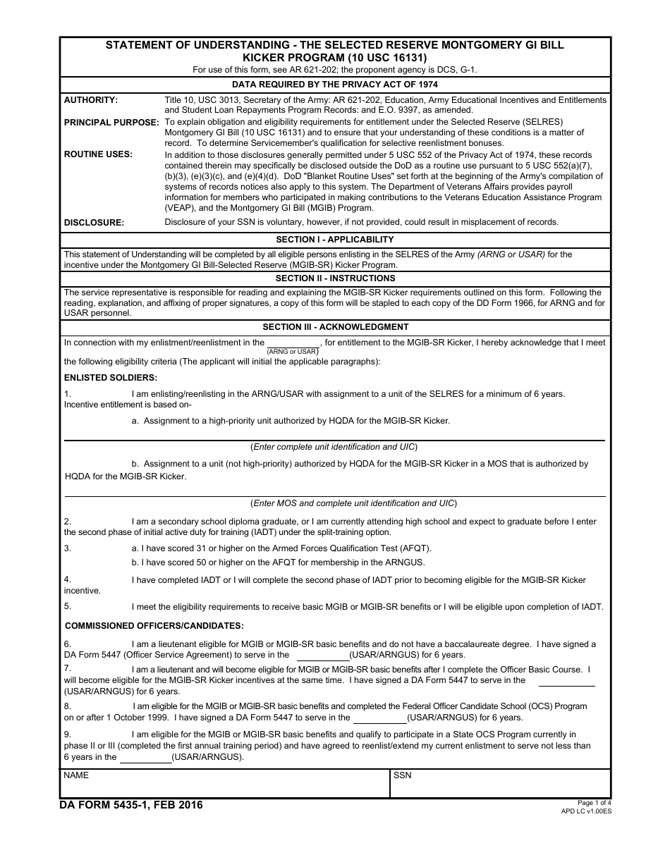 DA Form 5435-1 Statement of Understanding - the Selected Reserve Montgomery Gi Bill Kicker Program (10 Usc 16131), Page 1