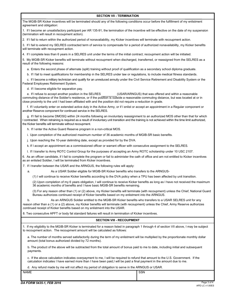 DA Form 5435-1 Statement of Understanding - the Selected Reserve Montgomery Gi Bill Kicker Program (10 Usc 16131), Page 3