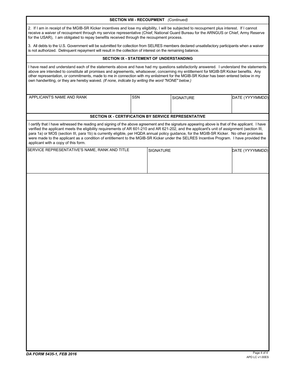 DA Form 5435-1 Statement of Understanding - the Selected Reserve Montgomery Gi Bill Kicker Program (10 Usc 16131), Page 4