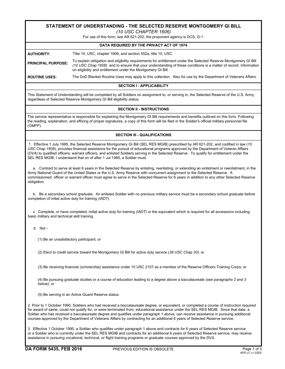 DA Form 5435 Statement of Understanding - the Selected Reserve Montgomery Gi Bill, Page 1