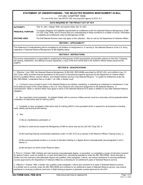 DA Form 5435 Download Fillable PDF, Statement of Understanding - the ...