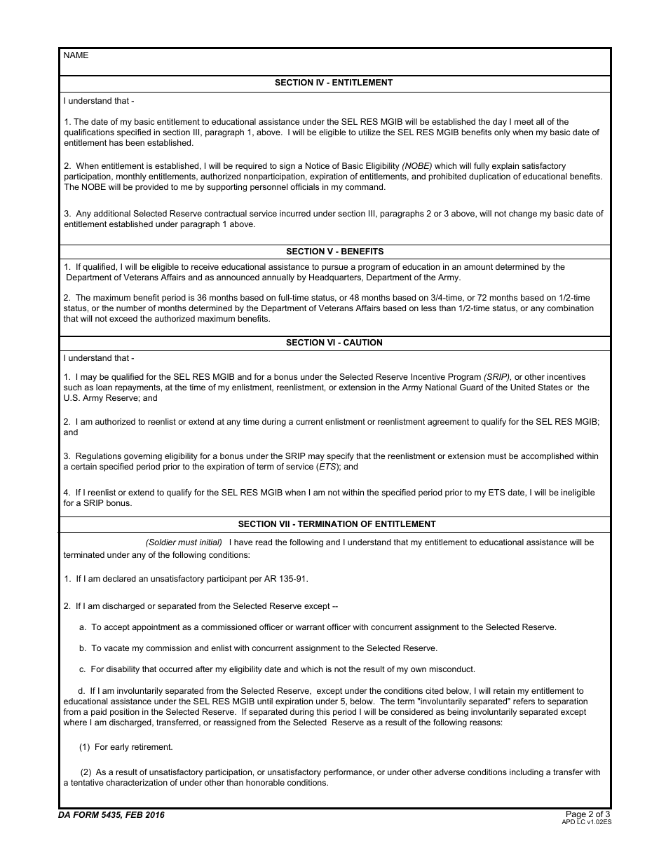 DA Form 5435 Statement of Understanding - the Selected Reserve Montgomery Gi Bill, Page 2