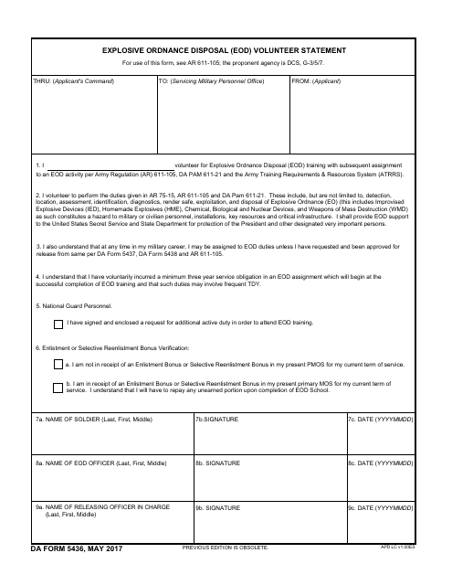 DA Form 5436 Explosive Ordnance Disposal (Eod) Volunteer Statement