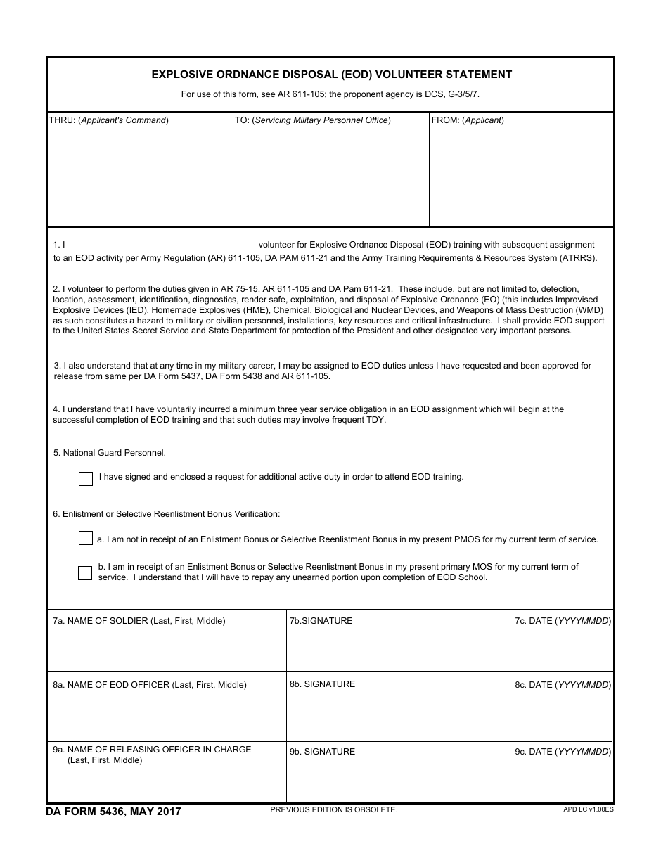 DA Form 5436 Explosive Ordnance Disposal (Eod) Volunteer Statement, Page 1