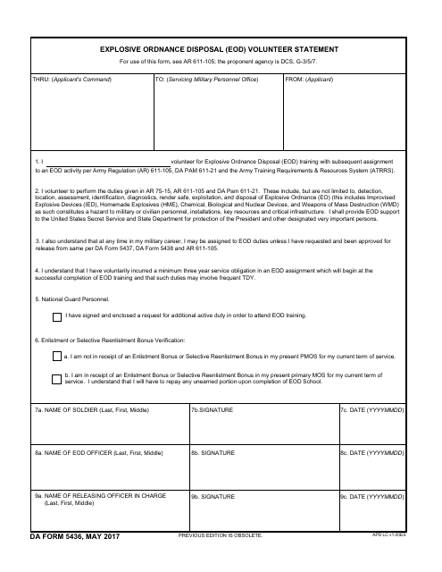 DA Form 5436 Download Fillable PDF, Explosive Ordnance Disposal (Eod ...
