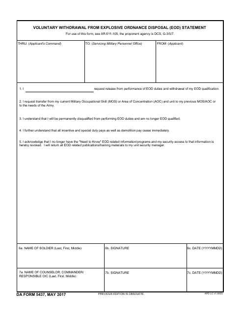 DA Form 5437  Printable Pdf