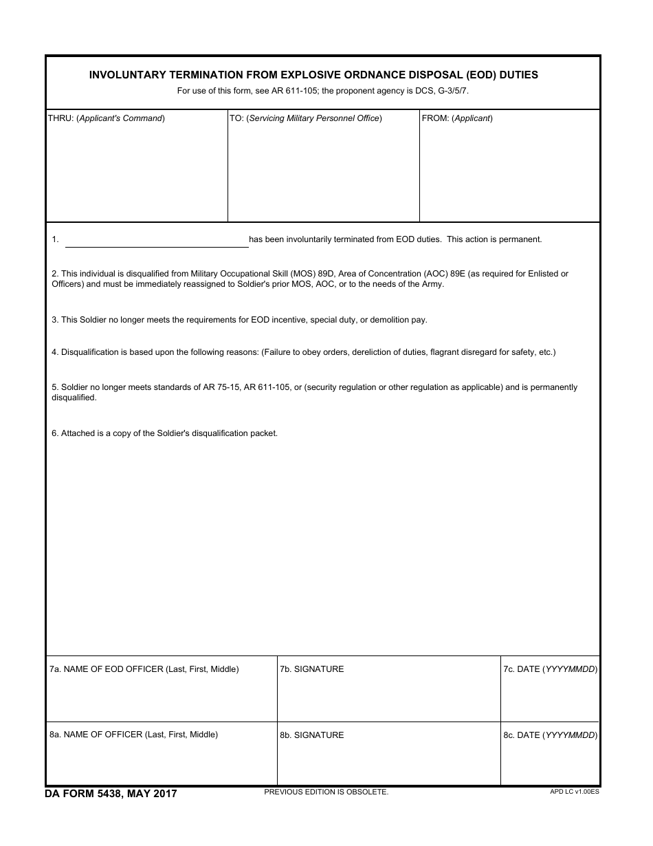 DA Form 5438 Involuntary Termination From Explosive Ordnance Disposal (Eod) Duties, Page 1