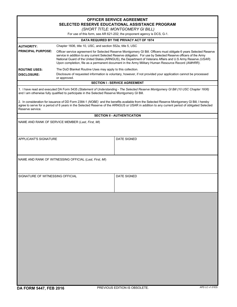 DA Form 5447 Officer Service Agreement Selected Reserve Educational Assistance Program (Short Title: Montgomery Gi Bill), Page 1