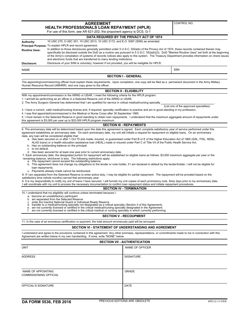 DA Form 5536 Agreement Health Professionals Loan Repayment (Hplr), Page 1