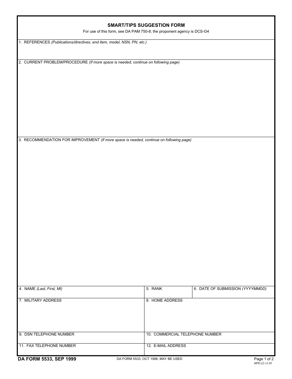 DA Form 5533 Smart Deps Suggestion Form, Page 1