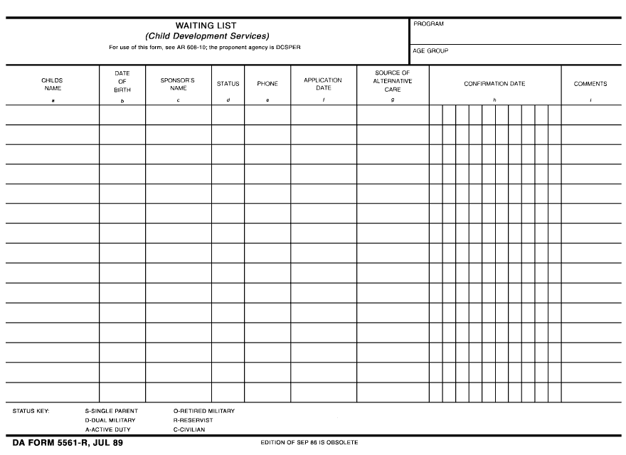 DA Form 5561-R  Printable Pdf
