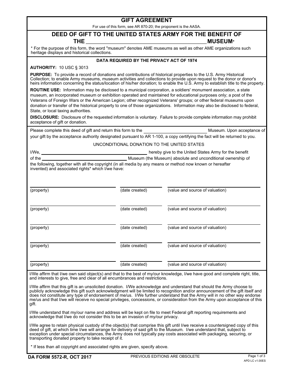 DA Form 5572-R Gift Agreement, Page 1